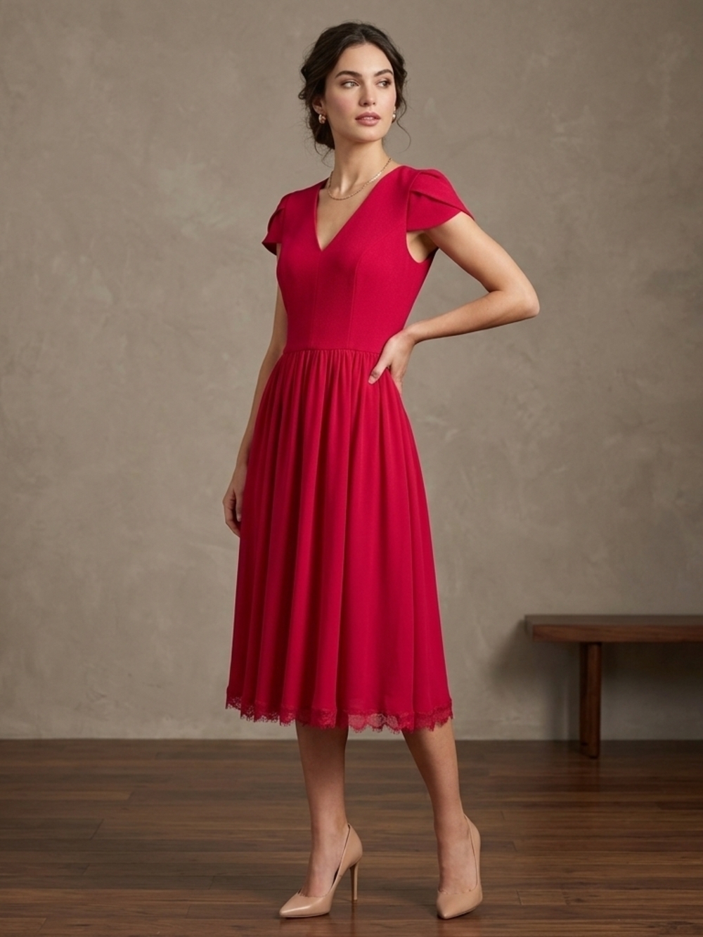 Dress the Population Red Fit And Flare  Midi Dress Wirh Lace Trim Size XL